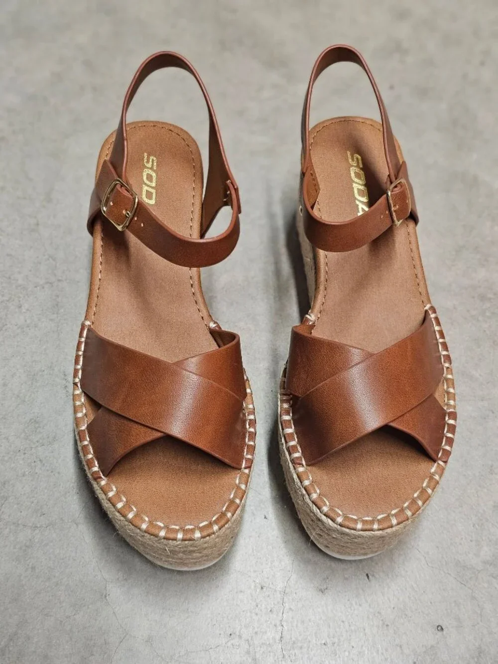 Tan Platform Espadrille Sandals With Buckle Strap Crisscross Upper & White Sole